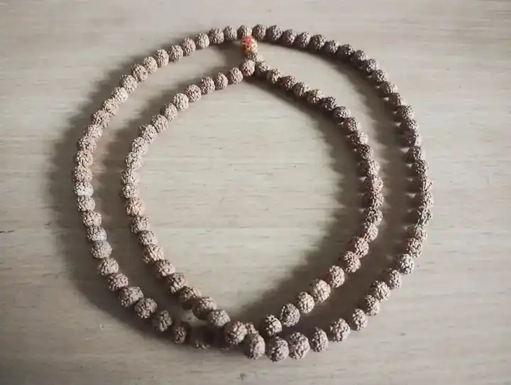 A strand of Rudraksha beads arranged on a light surface