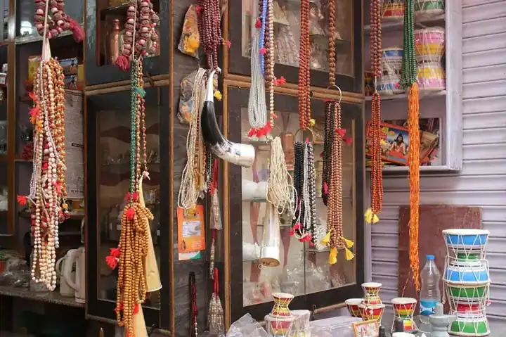 Prayer beads and malas displayed at a Varanasi market